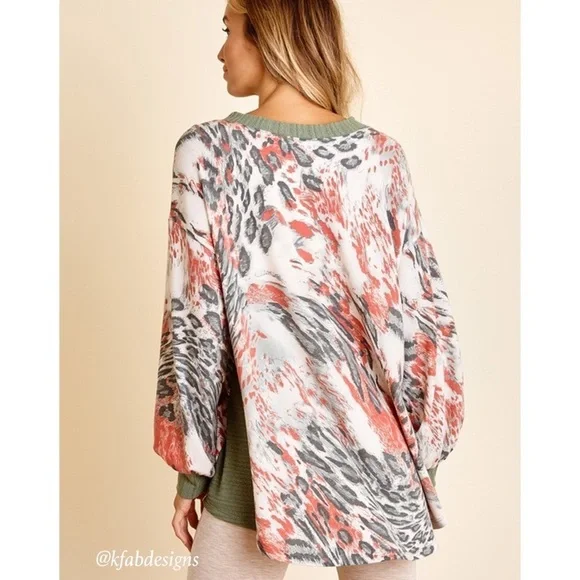 RESTOCK! CES FEMME V Neck Contrast Detail Olive/Rust  Printed Soft Knit Top! - Picture 6 of 7